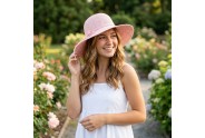 Wide Brim Hand Crocheted w/ Matching Flower Band - Light Pink - HT-8149LPK